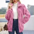Pink fleece zip-up jacket detailed view, square grid texture, cozy casual outerwear style. - S / Rose Red