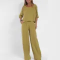 Women casual loose solid color short sleeve linen two piece set wide leg pants summer outfit - S / Top And Bottom / Yellow