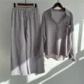 Women linen two piece set long sleeve shirt loose wide leg pants summer casual outfit - S / Top And Bottom / Gray
