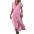 Pink cotton linen V-neck short sleeve loose casual maxi dress summer apparel detail view - S / Pink