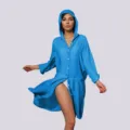 Blue hooded beach cover-up shirt, long sleeve swimwear cardigan for women vacation sun protection. - One Size / Blue