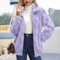 Women's casual zip up fleece cardigan jacket, stand collar checkered winter outerwear item. - Purple