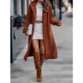 Women's autumn winter long solid color fleece hooded jacket coat outerwear fashion - Red Coffee