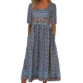 Women bohemian floral print maxi dress short sleeve casual scoop neck long dress with pockets - Color 6