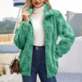Green checkered fuzzy fleece zip-up jacket for women, cozy winter stand collar outerwear. - Green