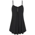 Women Summer Casual V-Neck Spaghetti Strap Tank Top Loose Pleated Button Cami Plus Size Black - S / Black