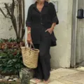 Women two piece outfit long sleeve button down shirt and wide leg pants casual set black - Black
