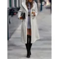 Women's long solid color fleece hooded jacket winter coat fashion casual outerwear streetwear - Off White