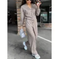 Women knitted cardigan and loose trousers casual sportswear set for autumn fashion. - S / Top And Bottom / Khaki