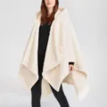 Women's fleece hooded cape wearable blanket cozy warm poncho coat for office and daily wear. - One Size / Off White