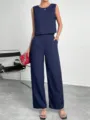 Chic women's solid sleeveless top and wide-leg pants two-piece casual summer outfit set. - S / Top And Bottom / Navy Blue