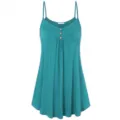 Women Summer Casual V-Neck Spaghetti Strap Camisole Loose Pleated Tank Top with Buttons - S / Green
