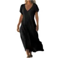 Detail view of a loose black cotton linen V-neck short sleeve maxi dress for women. - S / Black