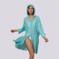 Women casual hooded long sleeve beach cover up shirt solid color swimwear sun protection top - One Size / Green