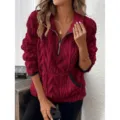 Dames Halve Rits Pluche Trui Winter Casual Lange Mouwen Sherpa Pullover met Zakken - Bordeauxrood