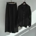 Women cotton linen 2 piece set shirt and loose long pants detail view, casual black outfit. - S / Top And Bottom / Black