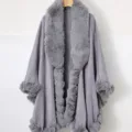 Elegant grey women's winter shawl cape featuring a thick faux fur collar and warm trim - Robe / 138x150cm / Gray