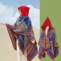 Ethnic style hooded knit shawl with colorful floral patterns for women's travel photography - 130*150cm / Red