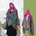Bohemian hooded poncho cloak with vintage geometric pattern for winter travel photography - Pink