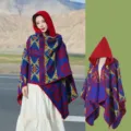 Vintage ethnic hooded cloak shawl for women with colorful geometric pattern for winter - Red
