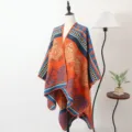 Boheemse jacquard split poncho sjaal voor dames met oranje en blauwe bloemmotieven - Oranje sjaal met split en gouden lotus