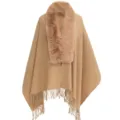Châle camel chaud avec col en fausse fourrure de lapin et élégants détails de franges - 200x70cm / Khaki