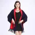 Eleganter jacquard-schal in marineblau und rot mit pfingstrosenmuster und fransen für winter - Navyblau und Rot