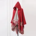 Red hooded knitted cashmere-like poncho shawl with butterfly floral pattern details - Robe / Red