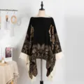 Elegantes Ethno-Poncho-Cape mit Fransen und Vintage-Jacquard-Muster für Damen Reisen - Oberteile / 135x150cm / Schwarz Kamel