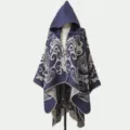 Eleganter blauer Kapuzenponcho-Schal mit Vintage-Bohemian-Jacquardmuster für Damen - Morgenmantel / Marineblau