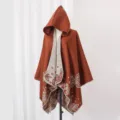 Women's stylish warm hooded knit poncho shawl with elegant floral and butterfly patterns - Robe / Caramel color