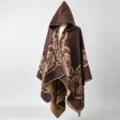 Eleganter Strickponcho mit Kapuze, Vintage-Blumenmuster und einem warmen Design. - 135*150CM / Kaffeebraun