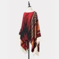 Damen-Poncho im Ethno-Stil mit Fransen und Stammessmustern in Rot und Schwarz - Rot