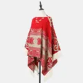 Boho-Poncho mit Ethno-Jacquard-Muster in Rot und Beige und feinen Fransen-Details - Rot
