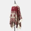 Ethno-Jacquard-Poncho-Schal mit Fransen für Damen in Burgunderrot und Beige Ausführung - Burgunderrot