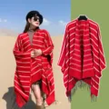 Ethnic red and white striped knitted shawl with tassels for travel - One Size / Striped Red