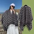 Ethnic style dark grey striped knit shawl with tassels and windproof design for women - One Size / Lines Grey