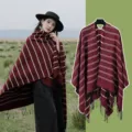 Ethnic style burgundy striped knitted shawl with tassel fringe for travel warmth - One Size / Striped Wine Red