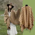 Beige striped ethnic knit shawl with fringe tassels, perfect for outdoor travel and warmth - One Size / Striped Camel