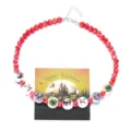 Halloween wood bead necklace with bloodshot eyes and bat prints in red and white. - Necklace / Multi-Color
