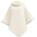 Close-up of oversized cream knit poncho featuring a soft faux rabbit fur collar - 80cm / Tops / Off White