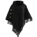 Cozy black knitted poncho with faux fur collar and decorative side buttons - Tops / Black