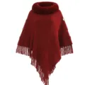 Elegant dark red knitted poncho featuring a soft faux fur collar and stylish decorative tassels - Tops / Wine Red