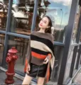 Fashionable striped knit poncho with long fringe tassels and irregular hem for women - Tops / One Size / Brown