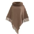 Elegant brown knitted poncho featuring a soft faux rabbit fur collar and long tassels - Tops / Khaki
