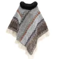 Gestrickter Poncho mit schwarzem Kunstpelzkragen und Zickzack-Fransendetail - Morgenmantel / Grau