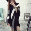 Stylish black and white striped irregular tassel knit poncho sweater for autumn wear - Tops / One Size / Black