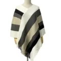 Women's striped knit poncho shawl with irregular fringe hem in black and gold stripes - Tops / One Size / Beige