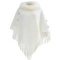 Elegant white knitted poncho featuring a plush faux fur collar and fringe tassels for women - Tops / White