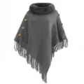 Gray knitted poncho featuring a soft faux fur collar and elegant tassel hem. - Tops / Gray